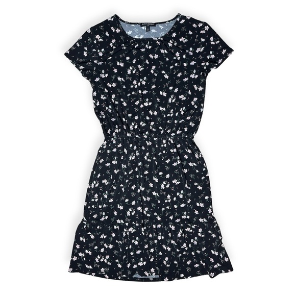 Banana Republic Black Floral Print Flounce Hem Blouson Dress Ruffle Womens Small - Picture 2 of 9